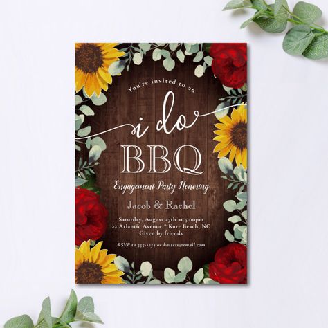 Sunflowers Roses Greenery I Do BBQ Engagement Invitation - Great Barbecue Rustic Engagement Party, Couples Engagement Party, Rose Wedding Theme, Sunflowers Roses, Bbq Cookout, Engagement Party Rustic, Sunflower Wedding Decorations, Sunflowers And Roses, Sunflower Themed Wedding