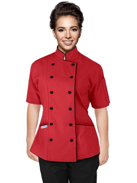 PRICES MAY VARY. Culinary Chef Jacket for Women and a wonderful Gift for chef Double-Breasted-This Chef Costume can be worn both ways. This Chef Outfit has 10 Black cloth Covered Buttons with 2 patch pockets and one thermometer pocket. This chef Uniform is suitable for all kinds of Professional chefs working as a Caterers or Baker Chef. Poly/Cotton blend- This Poly cotton blended cooking Jacket with cool Vents gives you comfort and Cool feel while working in the hot Kitchen Be the happy Chef and Chef Jackets Women, Chef Jackets Design, Women's Chef Jacket, Girls Apron Dress, Chef Costume, Chef Shirts, Chef Wear, Chef Uniform, Chef Clothes