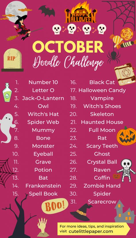 Halloween Doodle Challenge, October Doodle Prompts, October Doodle Challenge, October Daily Challenge, Halloween Art Challenge, Art Challenge 2023, Art Challenge Ideas, October Drawing Challenge, Cute Halloween Doodles