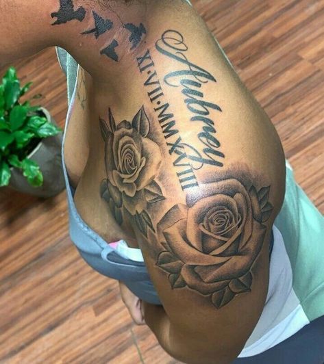 Shoulder Tattoo Female Upper, Tattoo Designs For Loved Ones, Arm And Neck Tattoo, Tattoos With Lots Of Shading, Medium Shoulder Tattoos For Women, Elephant Name Tattoo, Neck To Arm Tattoos For Women, Paragraph Tattoos For Women On Arm, Tattoo Name Ideas Female