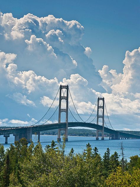 Mackinac Bridge - Michigan Never fails to take my breath away. An engineering marvel, and a beautiful experience every time. Michigan Scenery, Michigan Living, Alpena Michigan, Mackinaw Bridge, Michigan Girl, Mackinaw City, Michigan Beaches, Mackinac Bridge, Michigan Travel