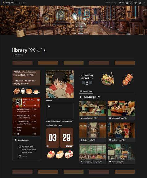 first half of my notion library page ; TEMPLATE: https://ko-fi.com/s/95803ba5b4 #notion #library #template #notiondesign #productivity #darkacademia #cloudji Notion Library Template, Notion Library, Studie Hacks, 포트폴리오 레이아웃, Cocoppa Wallpaper, Theme Template, Notion Template, Notes Inspiration, Study Motivation Inspiration