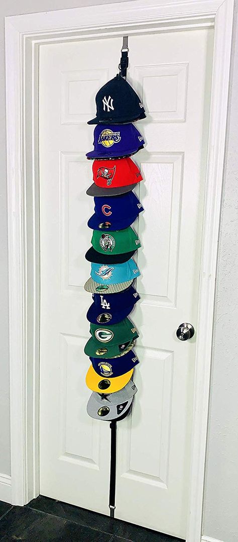 Hanging Closet Doors, Hat Hanging Ideas, Baseball Hat Display, Baseball Hat Storage, Closet Wall Organizer, Hang From Ceiling, Baseball Cap Rack, Baseball Caps Storage, Shoe Organization Diy