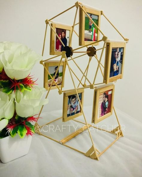 Dm me for order 💯|4 working days to make this memorable wheel😍|Follow me for more craft works and gifts Ice Cream Stick Photo Frame, Photo Wheel, Diy Useful, Popsicle Stick Crafts For Adults, Ice Cream Stick Craft, Frames Diy Crafts, Popsicle Stick Crafts For Kids, Photo Frame Crafts, Diy Popsicle Stick Crafts