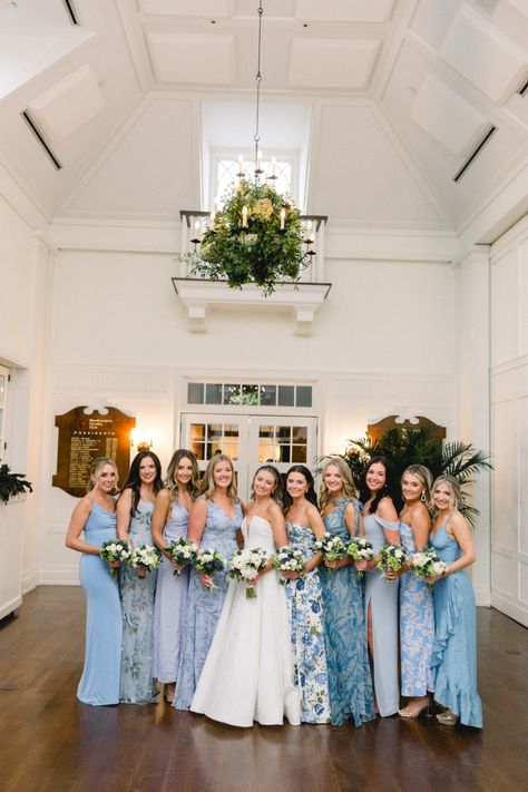 mixed blue bridesmaids dresses Blush Pink And Blue Bridesmaid Dresses, Blue And White Floral Dress Bridesmaid, Wedding With Blue Bridesmaid Dresses, Bridesmaids All Different Dresses, Bridesmaid All Different Dresses, A Lot Of Bridesmaids, Blue Braidsmaid Dresses, Multicolor Blue Bridesmaid Dresses, Hydrangea Wedding Bridesmaid Dresses