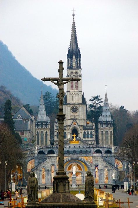 The Basilica of Our Lady of the Rosary (Notre Dame du Rosaire de Lourdes in French), Lourdes, France.  The Basilica was the third church built on the site, alongside other Marian churches. Completed in 1899 and consecrated in 1901, it is specifically dedicated to the Rosary, even in its very architecture.  Indeed, the nave is surrounded by fifteen smaller side chapels, one for each of the Mysteries of the Rosary. On the left of the nave are found the Joyful Mysteries, in the centre are the Sorro Cross Sculpture, Pyrenees Mountains, Our Lady Of The Rosary, Lady Of The Rosary, St Bernadette, Lourdes France, Miraculous Healing, Lady Of Lourdes, Our Lady Of Lourdes