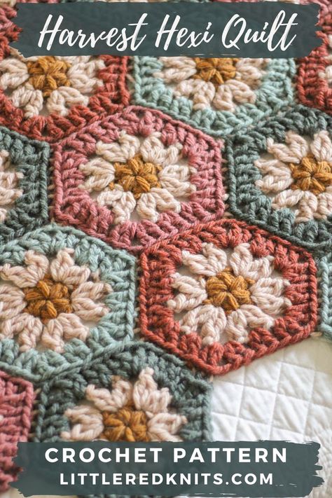 The Harvest Hexi Quilt is a modern take on a classic crochet design – the Granny Square. These hexagons use harvest inspired colors to create a beautiful motif throw that you can pass down from generation to generation. Crocheted Blanket Granny Square, Granny Square Blanket Designs, Crochet Daisy Hexagon, Crochet Blanket Granny Square Modern, Granny Square Blanket Modern, Granny Square Pattern Easy, Cute Granny Squares Crochet, Puffy Flower Granny Square, Crochet Stitches Granny Squares