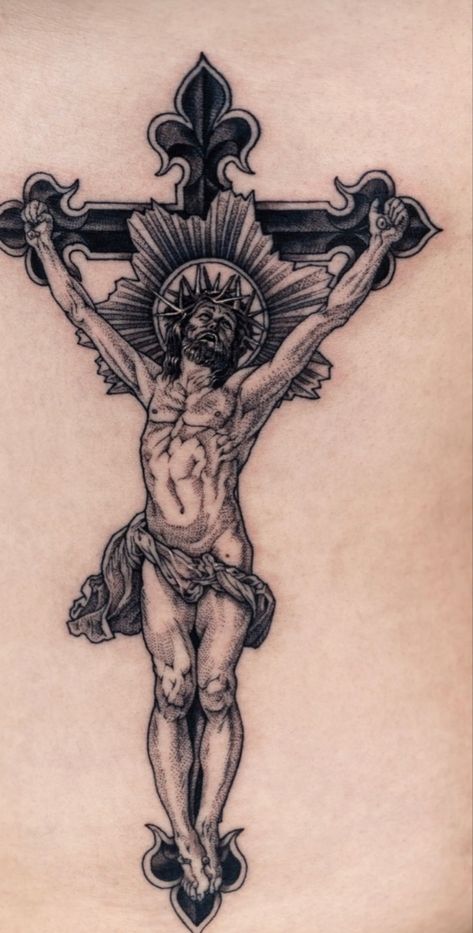 Christ Crucified tattoo Cross Shin Tattoo, Simple Crucifix Drawing, Crucifiction Tattoo, Intricate Cross Tattoo, Orthodox Christianity Tattoo, Italian Cross Tattoos, Biblical Traditional Tattoo, Catholic Tattoos Men, Creative Leg Tattoos