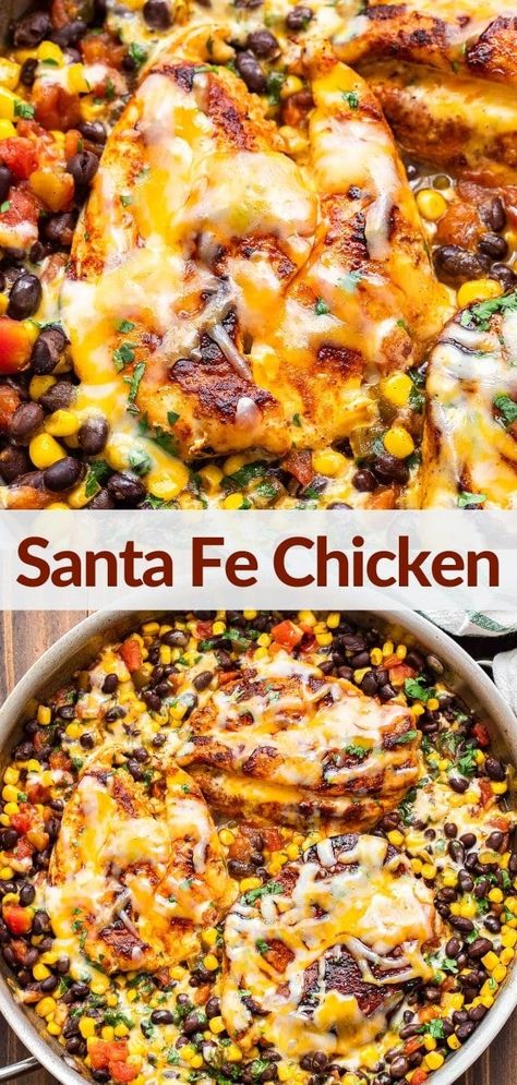 Santa Fe chicken is an easy skillet dinner that's full of southwest flavors! Seasoned pan seared chicken is nestled in black beans, corn, green chiles, and Ro-tel tomatoes then topped with melted cheese. Ready to eat in 30 minutes! #santafechicken #chickenrecipes #chickendinner #chickenbreasts #Mexicanfood #healthyrecipes #healthydinner #texmex Santa Fe, Santa Fe Chicken, Easy Skillet Dinner, Black Beans Corn, Seared Chicken, Pan Seared Chicken, Skillet Dinner, Chicken Skillet Recipes, Southwest Chicken