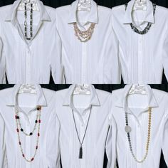 Necklace For Button Down Shirt, White Shirt With Pearls, White Shirt Necklace, Shirt Accessories Women, Outfits With A White Shirt, How To Style White Blouse, How To Style A White Shirt, White Shirt Accessories, White Blouse Outfit