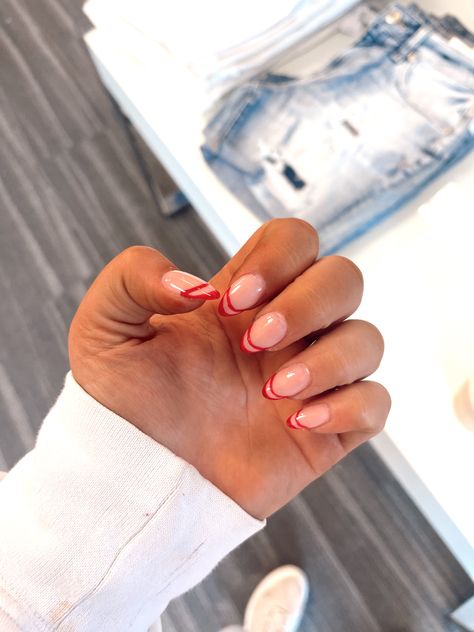 Red Outlined French Tip Nails, Negative Space French Tip Nails, Maroon French Tip Nails Almond, Red Outline French Tip Nails, French Tip Christmas Nail Ideas Almond, French Tip With Red Line, Red And White Tip Nails, Christmas Nail Aesthetic, Open French Tip Nails