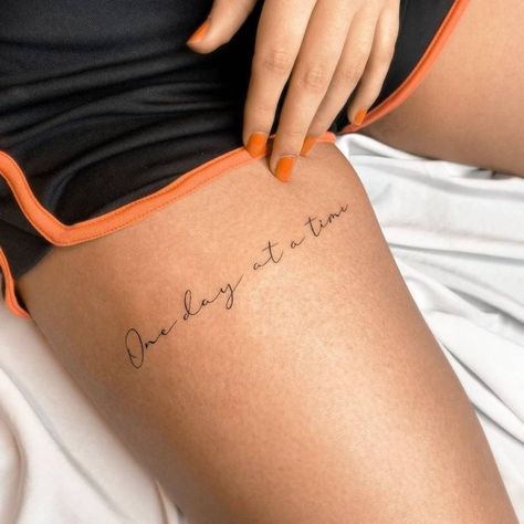 Thigh Minimalist Tattoos Women, Thigh Tattoos For Women Quotes, Leg Quote Tattoos Women, Leg Tattoos Women Thigh Quotes, Thigh Writing Tattoo Women, Dainty Thigh Tattoo, Thigh Quote Tattoo Women, Minimalist Leg Tattoo, Thigh Tattoos Women Quotes