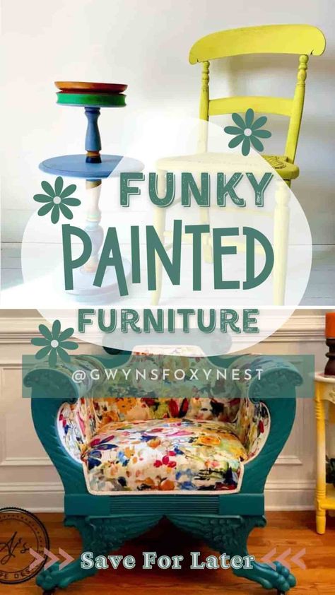 Funky Painted Furniture Upcycling, Boho Painted Chairs Ideas, Whimsical Chairs Painted, Maximalist Diy Projects, Boho Painted Dresser, Hand Painted Furniture Bohemian, Funky Painted Furniture Bohemian, Whimsical Painted Furniture Ideas, Boho Furniture Makeover