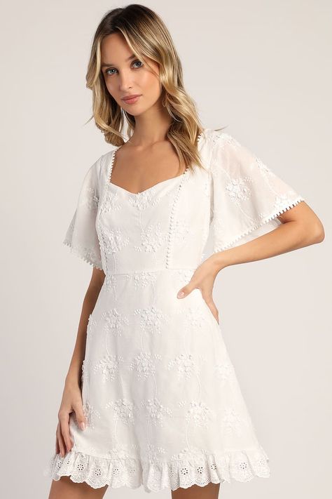 white dress flutter sleeve - Lulus Search Confirmation Dresses, White Dresses Graduation, Eyelet Shorts, White Eyelet Dress, 4th Of July Outfits, White Short Dress, Short Cocktail Dress, Grad Dresses, Short Sleeve Mini Dress