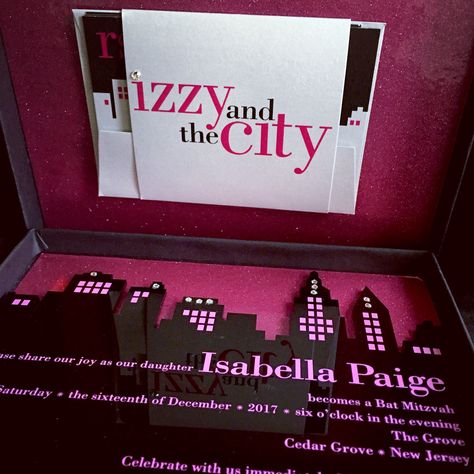 Pink Glitter Invitations, Quinceñera Invitations, Plexiglass Invitations, Bat Mitzvah Themes, New York Party, New York Theme, City Theme, Mitzvah Invitations, Bat Mitzvah Party