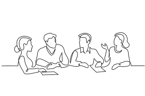 Group of people discuss ideas. Continuous one line drawing. Vector illustration Working Drawing, People Discussing Illustration, Group Discussion Illustration, People Line Drawing, Hand Drawings, Sketches Of People, Drawing Vector, Free Hand Drawing, Backdrop Ideas