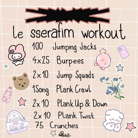 Aesthetic list of the le sserafim workout 🤍🎧✨ 100 Workout Challenge, Stomach Workout Routine, Sserafim Workout, Le Sserafim Workout, Kpop Workout, Bahasa Jepun, Quick Workout Routine, Workout List, Latihan Yoga