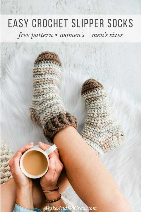 Crochet Slipper Socks, Crochet Slippers Adult Free Pattern, Easy Crochet Socks, Easy Crochet Slippers, Crochet Slipper, Make And Do Crew, Crochet Socks Pattern, Crochet Slippers Free Pattern, Crochet Slipper Pattern
