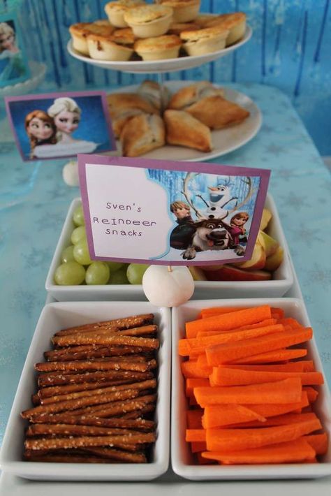 Sven's reindeer snacks at a Frozen birthday party! See more party planning ideas at CatchMyParty.com! Frozen The Movie Food Ideas, Snacks For Frozen Birthday Party, All Disney Characters Birthday Party, Twins Frozen Birthday Party, Frozen Birthday Party Snack Ideas, Frozen Sister Birthday Party, Elsa Birthday Food Ideas, Frozen Theme Party Food Ideas, Elsa Themed Birthday Party Food Ideas