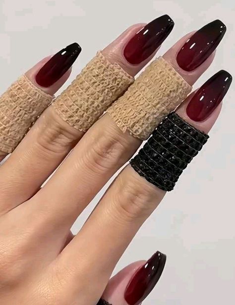 Black And Red Nails Ombre, Ombre Red And Black Nails, Black Nails With Red Flowers, Dark Colored Acrylic Nails, Red And Black Almond Nails Designs, Black Nails With Red French Tip, Black And Red Ombré Nails, Prom Nails Red And Black, Red Nails With Black Tips