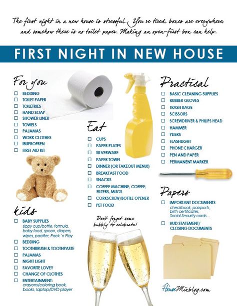 Family’s first night in a new home checklist. This list will give you an idea of the first things to do when moving into a new house. New House Checklist, Moving House Tips, House Checklist, Inmobiliaria Ideas, New Home Checklist, Apartment Checklist, Moving Checklist, Packing To Move, Moving Packing