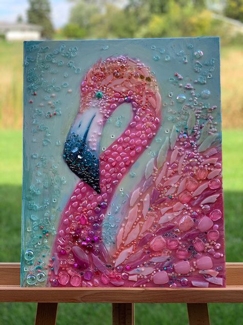 Beads Art On Canvas, Glass Bead Art Projects, Bead Picture Art, Glass On Canvas Art, Bead Painting Art, Beads On Canvas Art, Fused Glass Flamingo, Smashed Glass Art, Glass Shard Art