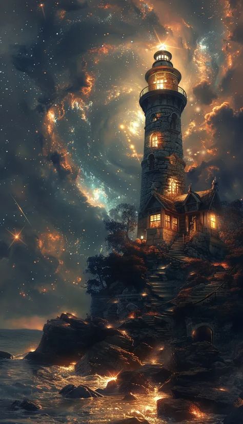 The image is a beautiful painting of a lighthouse on a rocky coast. The night sky is full of stars and the sea is calm and still. The lighthouse is made of stone and has a light that is shining out to sea. There is a small house next to the lighthouse and a few trees on the cliff. The painting is very detailed and realistic and the colors are vibrant and lifelike. Lighthouse Night, To The Lighthouse, Lighthouse Lighting, Rocky Coast, Realistic Painting, Lighthouse Painting, A Small House, The Cliff, Light Houses