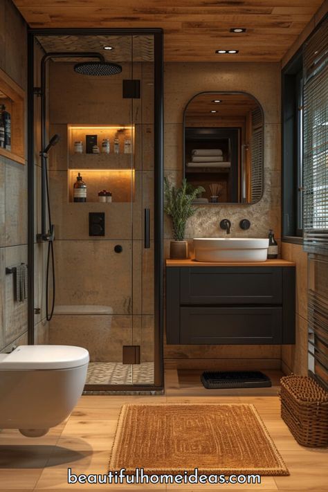 18 Best Ultra-Compact Bathroom Ideas For A Space Saving Sanctuary - Beautiful Home Design Ideas Compact Bathrooms With Bath, Small Open Bathroom Ideas, The Best Bathroom Design, Cosy Small Bathroom Ideas, Mini Home Living Room Ideas, Small Space Minimalist Decor, Bathroom Ideas No Tiles, Tiny House Interior Bathroom, Studio Bathroom Ideas Small Spaces