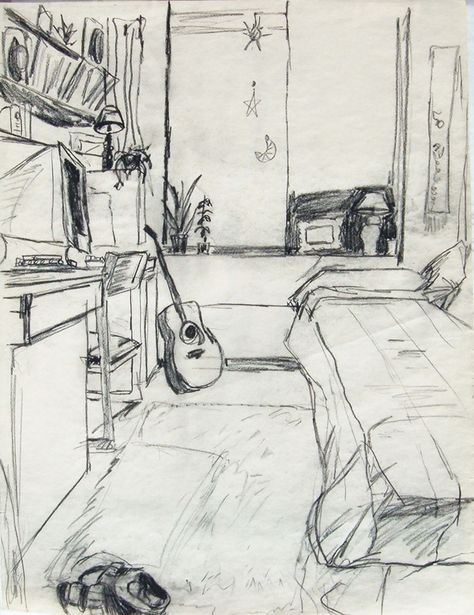 Fundamentals by Lara Bezich, via Behance Sketch Room Design, Drawing A Bedroom, Room Drawing Ideas Bedroom, Bed Drawing Side View, Messy Room Sketch, Bedroom Sketch Drawings, Architectural Sketches Simple, Drawings Of Bedrooms, How To Draw A Bedroom