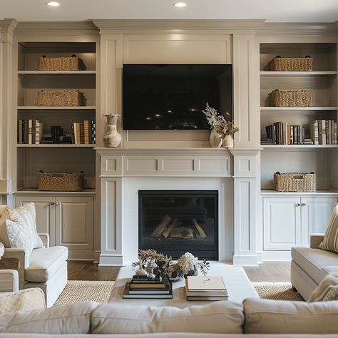 Built In Tv Wall Unit Around Fireplace, Fireplace With Shiplap And Built Ins, Living Room Center Fireplace, Cabinets Side Of Fireplace, Living Room Tv Mantle, Mantel Decorating Ideas With Tv White Mantle Built Ins, Cabinets Fireplace Built Ins, Living Room Fireplace With Shelves, Living Room Fireplace With Tv Built Ins