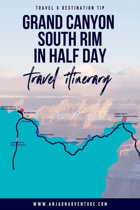 This half day Grand Canyon South Rim itinerary will give you an idea of how to best spend your time at Grand Canyon. This will be a moderately paced itinerary, where you will see all the major sites. From most visited Mather point, Yavapai point and driving along scenic Desert View Drive. The best itinerary for Grand Canyon trip. | Travel itinerary | Arizona Travel | USA | Grand Canyon | South rim #arizona #desert #usatravel #southwest #travelitinerary #vacationplan Grand Canyon South Rim One Day, Desert View Drive Grand Canyon, South Rim Grand Canyon One Day, Grand Canyon South Rim Things To Do, Grand Canyon Day Trip, Grand Canyon In March, Sedona To Grand Canyon, Grand Canyon Itinerary, Grand Canyon Trip
