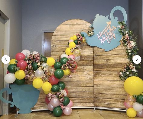 Tea Party Balloons Decorations, Tea Party Balloon Backdrop, Tea Party Photo Booth Backdrops, Tea Party Bridal Shower Photo Backdrop, Tea Party Backdrop Ideas Diy, Mother’s Day Party Themes, Rainbow Tea Party Church Decorations, Tea Party Decorations Kids, Tea Party Balloon Decorations