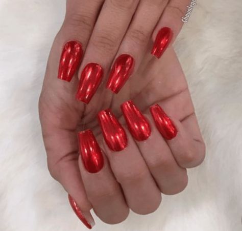 Red Metalic Nails Ideas, Red Chrome Dip Nails, Red Nails With Gold Chrome, Red Crome Nails Acrylic, Red Chrome Nails Designs, Chrome Nail Colors, Chrome Nail Ideas, Red Chrome Nails, Crome Nails