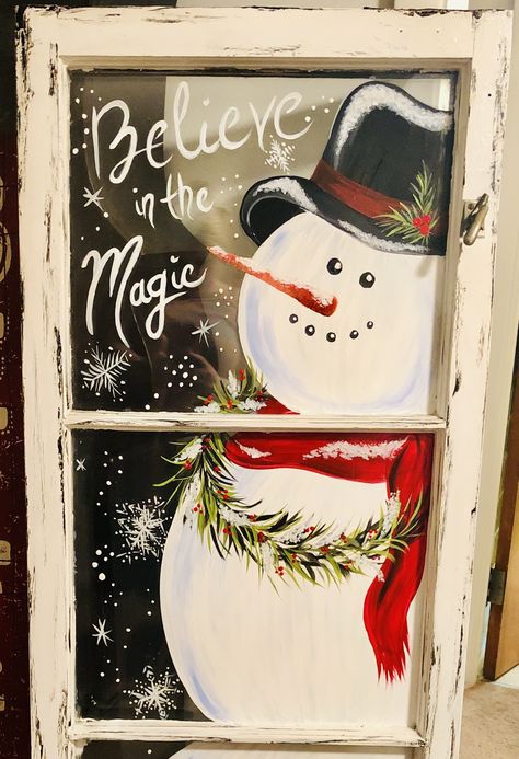 Natal, Happy Holidays Window Art, Christmas Paintings On Glass Windows, Window Decoration For Christmas, Window Decoration Ideas For Christmas, Christmas Window Painting Snowman, Christmas Door Painting Ideas, Old Window Painting Ideas Christmas, Winter Windows Paint