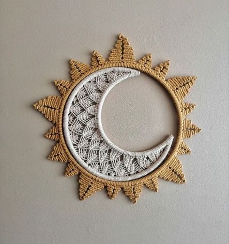 Sun Moon Macrame, Crochet Sun Mandala, Sun And Moon Macrame, Macrame Whale Tutorial, Moon Macrame Wall Hangings, Macrame Moon Wall Hangings, Macrame Circle Diy, Macrame Sun, Macrame Moon