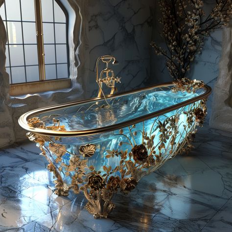 Fantasy Bathroom Aesthetic, Fairy Bathroom Decor Ideas, Fantasy Bathroom Ideas, Water Room Aesthetic, Water Themed Bathroom, Bath House Aesthetic, Enchanted Forest Bathroom, Crystal Tub, Room With Bathtub