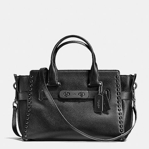 Coach Swagger Carryall in Lacquer Rivets Pebble Leather Leather Goodies, Dream Bags, Custom Handbags, Black Evening Bag, Perfect Purse, Womens Designer Bags, Swag Bag, Coach Outlet, Carry All Bag