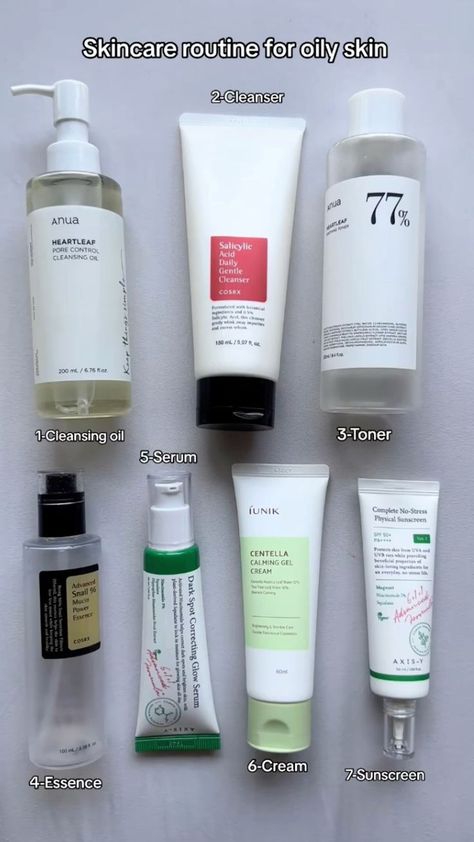 Oily Skincare Products, Skincare Steps For Oily Skin, Korean Face Wash For Oily Skin, Skin Routine For Oily Skin Skincare, Oily Skin Products Skincare Routine, Best Oily Skin Care Routine, Korean Oily Skin Care, Face Care Routine Products Oily Skin, Best Korean Skincare For Oily Skin