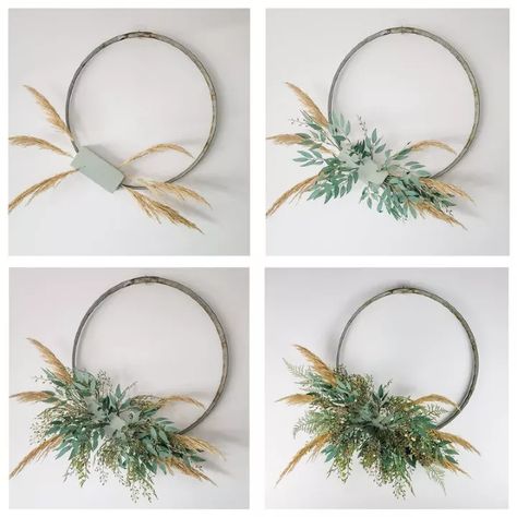 Fall Funky Junk Wreath! | Hometalk Metal Ring Wreath Front Door, Faux Pampas Grass Wreath, Boho Floral Wreath, Fall Wreath Making Party, Metal Ring Wreaths, Metal Ring Diy Decor, Floral Ring Wreath, Wreath Metal Ring, Diy Metal Ring Wreath