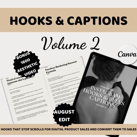 ✨I'M SO EXCITED TO INTRODUCE THIS 30-PAGE VOLUME 2 PACKAGE OF INSTAGRAM HOOK AND HEADLINE. Plus, create unforgettable INSTAGRAM stories with our 28 SHORT HOOKS AND 1700+ Aesthetic Faceless Reel Packs AS A BONUS! 🙋🏻 Welcome to our store with the most organized videos on Etsy! FEATURES: Grow your Instagram presence with our awesome suite of hooks and captions created specifically for Instagram Reels. This package includes a Private Label Rights (PLR) and Master Resale Rights (MRR) license, giving you the freedom to personalize and sell content as your own creation. Instantly downloadable and editable in Canva. You can also monetize these videos and keep 100% of the profits! Key Features: 58 (TOTAL OF LONG (30) AND SHORT TITLES (28) AND DESCRIPTIONS) Instagram hooks and captions: Designed t