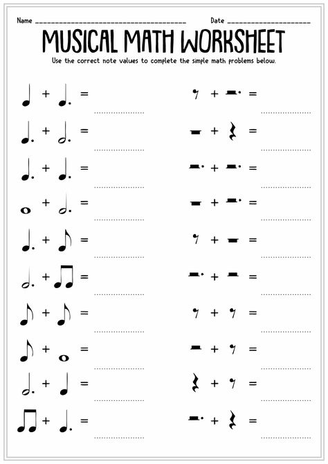 Printable Music Note Math Music Worksheets For Kids Printables, Value Worksheet, Learning Music Notes, Piano Worksheets, Note Values, Studying Music, Music Printables, Music Math, Music Theory Lessons