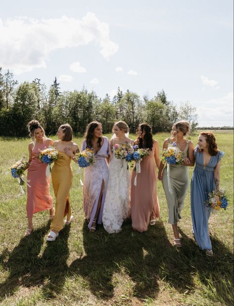 Pastel, Dusty Pastel Bridesmaid Dresses, Spring Garden Wedding Bridesmaids, Summer Garden Wedding Bridesmaids, Non Matching Bridal Party, Summer Garden Party Color Palette, Muted Pastels Wedding, Muted Pastel Bridesmaid Dresses, Rainbow Pastel Bridesmaid Dresses