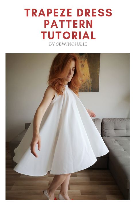 Learn how to draft a pattern for a trapeze or circle dress. Tutorial by SewingJulie Circle Dress Outfit, Circle Dress Pattern How To Make, Triangle Dress Pattern, Halterneck Dress Pattern, Circle Dress Ankara, Drafting Dress Patterns, Cut Out Dress Pattern, Ankara Circle Dress, Trapeze Dress Pattern