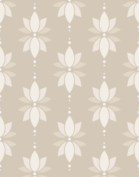 The neutral and minimal aesthetic of our 'Lotus' wallpaper makes it perfect for a space with wellness in mind, whether its for a spa, beauty therapy room, or even a bedroom in the home. It will help in the creation of the ultimate zen space. Lotus Pattern Wallpaper, Yoga Pattern Design, Yoga Room Wallpaper, Lotus Print Pattern, Lotus Pattern Design, Lotus Motif Design, Wallpaper For Mandir, Wallpaper For Pooja Room, Lotus Aesthetic Wallpaper