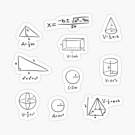 Study stickers of mathematic equations including area and volume, quadratic formula and quadratic equation. Geometry Stickers, Geometry Equations, Math Logo, Study Stickers, Geometry Notes, Volume Math, Geometry Formulas, Math Design, Quadratic Formula