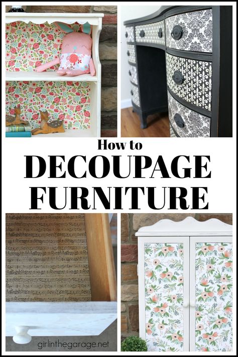 How To Decoupage Furniture, Decopage Furniture, Diy Organize, Decorate Furniture, Repurposed Junk, Hampshire House, Diy Decoupage, Barn Boards, Decoupage Projects