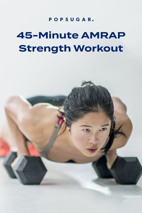 45-Minute Dumbbell AMRAP Workout 45 Minute Strength Workout, Dumbbell Amrap Workout, Station Workout Ideas, 45 Minute Workout Home, Dumbbell Amrap, Emom Workout Weights, Amrap Workout At Home, Amrap Workouts, Intense Arm Workout