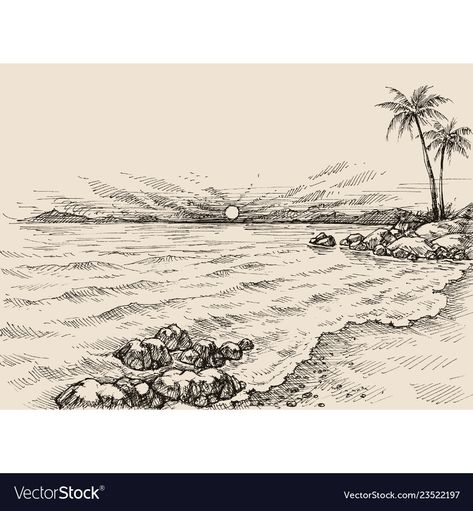 Sunrise on the beach drawing sea view and palm Vector Image The Beach Drawing, Sunrise Drawing, Drawing Sea, Beach Sketches, Art Plage, Sunrise On The Beach, Ocean Drawing, Sea Drawing, Drawing Scenery