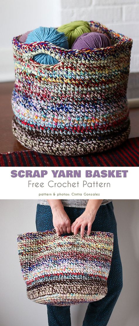 Scrappy Rug Crochet Pattern, Crochet Projects Basket, Yarn Basket Pattern Free, Crochet Scrap Yarn Baskets, Scraps Crochet Projects, Crochet Patterns Basket Free, Crochet Basket Scrap Yarn, Crochet Blankets Using Scrap Yarn, Crochet Blanket With Scrap Yarn