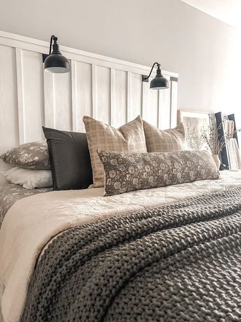 Farmhouse Gray Bedding, Farmhouse Neutral Bedding, Neutral Bedding Not White, Rustic Modern Bedroom Master Suite, Blush Beige Black Bedroom, Farmhouse Chic Bedding, Layered Farmhouse Bedding, Neutral Bedding Ideas Farmhouse, Fall Master Bedding